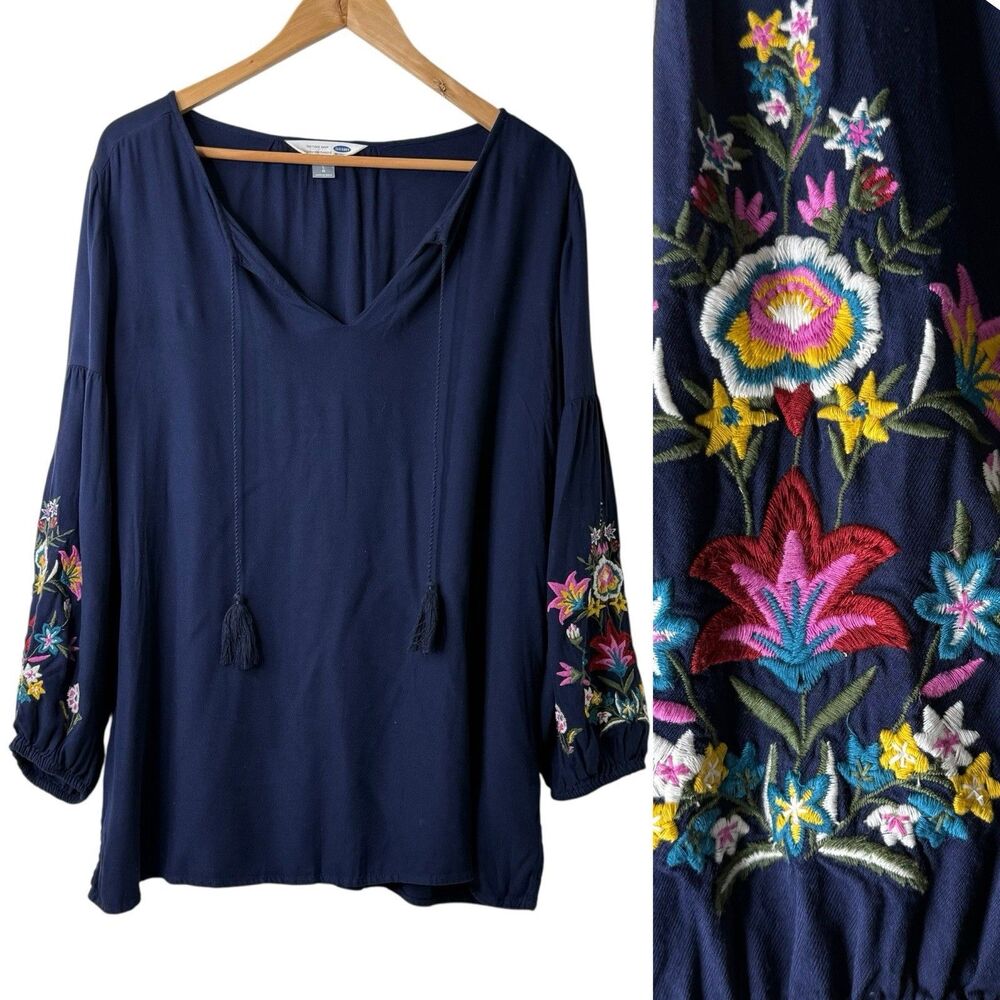 Old Navy Popover Peasant Top Womens L Floral Embroidered Tassel Cottagecore Boho
